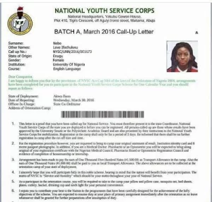 Sample of NYSC Call Up Letter